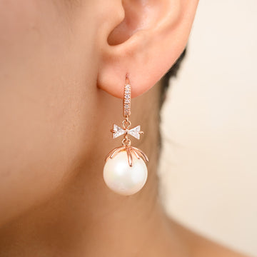 BOW KNOT RHINESTONE PEARL DROP EARRINGS