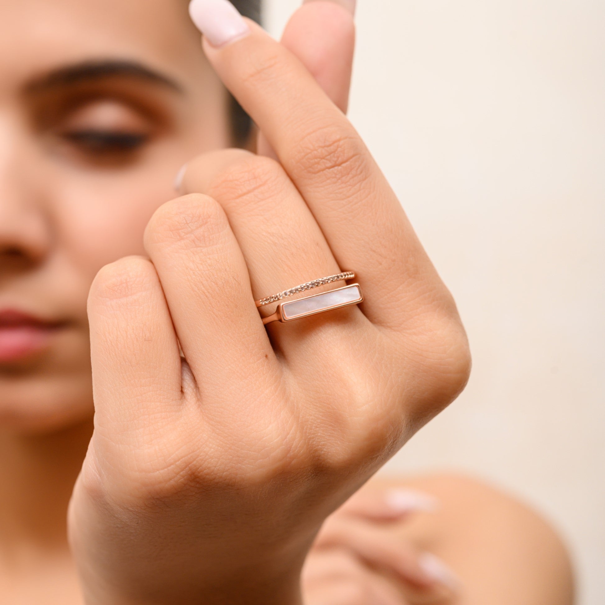 MOTHER OF PEARL WITH CZ ADJUSTABLE RING