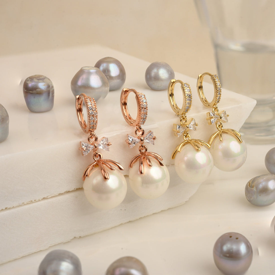 BOW KNOT RHINESTONE PEARL DROP EARRINGS